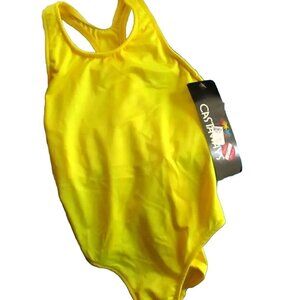 GIRLS 12 Swim Suit  Vintage 1980's NYLON YELLOW 1 Piece swim suit CASTAWAYS new